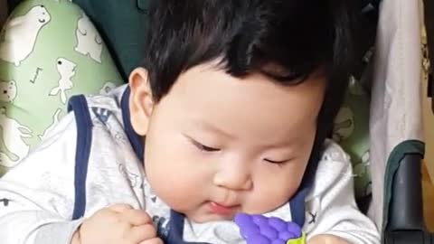 This is a video of a baby eating a toy grape deliciously.