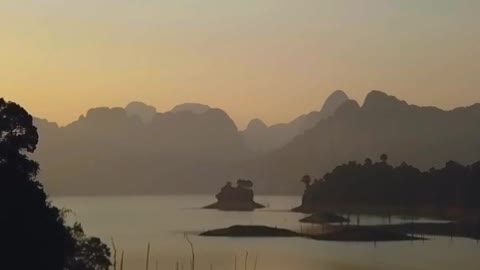 Landscape of a large lake during sunset from the air