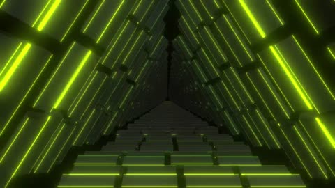 Lemon-green neon-lit triangular passageway tour