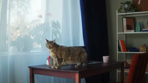 Cat standing on desk in living room. Domestic animal at home