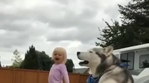 dog and girl screaming together