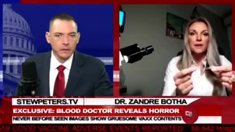 Dr Zandre Botha explains blood after injection to Stew Peters
