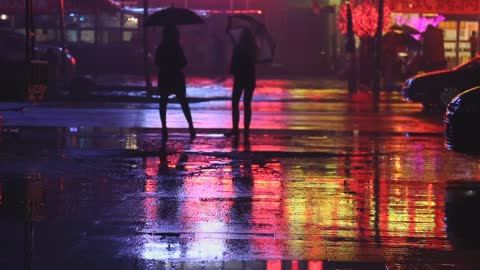 Autumn evening. In the rain with an umbrella.