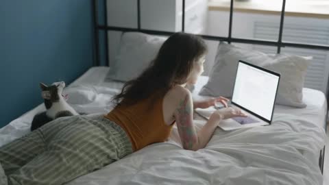 Young asian woman working on laptop online at home lying on bed in bedroom with her cat