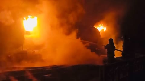 Crews work to extinguish fuel tank fire in occupied Donetsk