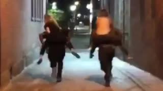 Two girls piggyback fail