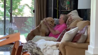Great-grandmother gets hug from sweet Golden Retriever
