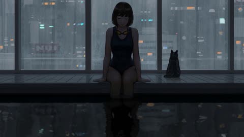 Anime Girl Pool With A Cityscape View wallpaper live 4k