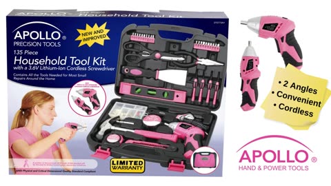 135 Piece Household Tool Kit Pink with Pivoting Dual-Angle 3.6 V