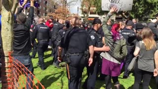 April 2 2017 Vancouver WA 2 Antifa try to rush the barrier but police stop them and make arrests