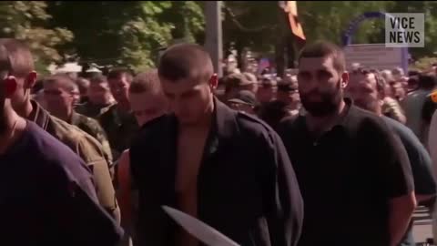 2014 Ukraine war. Prisoner parade during independency day in Donetsk