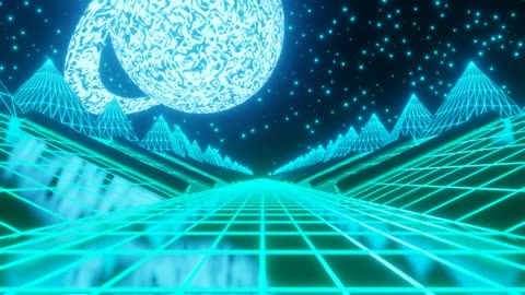 Driving through futuristic neon 3d space landscape