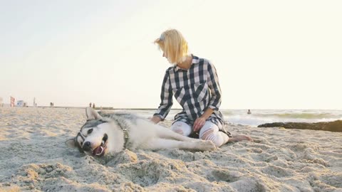 Young female playing with siberian husky dog on the beach at sunrise