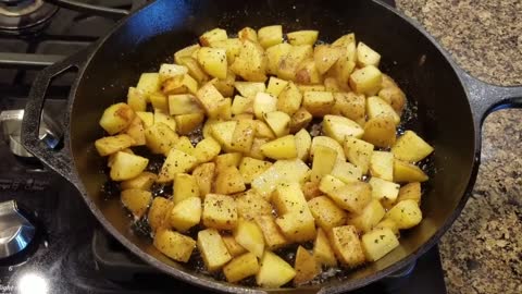 Crispy fried potatoes in a cast iron skillet without sticking