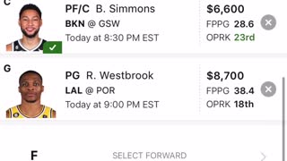 DraftKings Fantasy Lineup - Lakers v. Portland