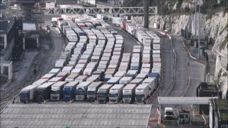 Long queues of lorries on road leading to Dover port, as end of Brexit transition looms