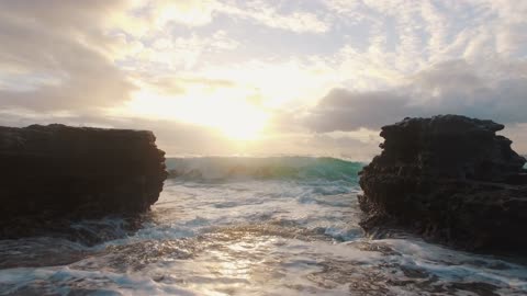 Sunset Ocean waves Rocks