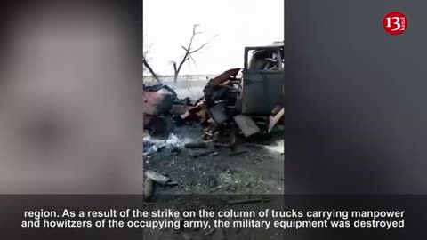 All burned to ashes...Russians parade convoy of trucks destroyed by HIMARS