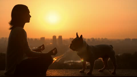 Woman meditating with her dog in the sunset