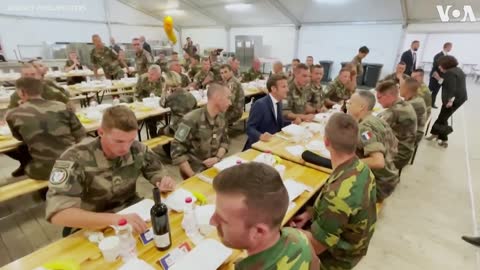 Macron Shares Meal with French, Belgian Troops in Romania