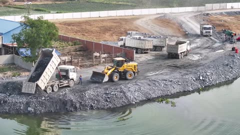 Ep24,Dumptruck 10 Wheel SHACMAN Transport Stone With Wheel Loader SDLG Push Stone In Water