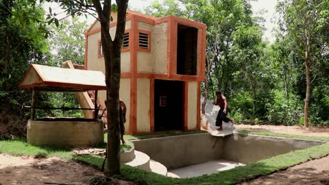 Build Water Slide To Swimming Pool On Tow Story Villa House in Deep Jungle By Ancient Skill