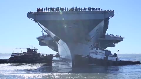 USS Gerald R. Ford (CVN 78) departs the shipyard.