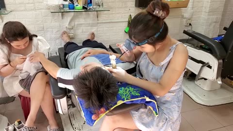 Vietnam barbershop, haircut, face shave, ear wax, nail cleaning with 3 beautiful girls