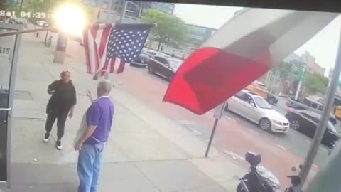 BLM Attacks NYC PIzzeria... Attempts to RIP the Flag Down and Moons the Owner!!!