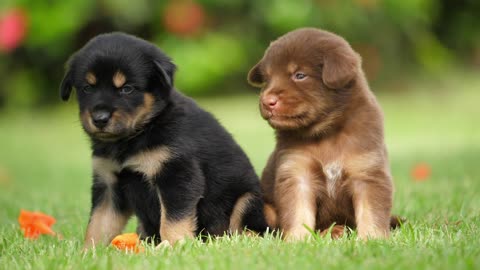 Chiot noir et marron, chien mignon bébé chiot jouant dans le parc verdoyant Ellipsis