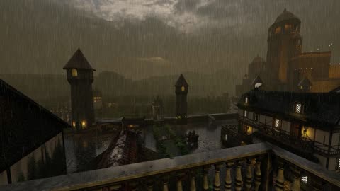 Medieval Castle City at Night Rain Thunderstorm Sound - Horse sounds