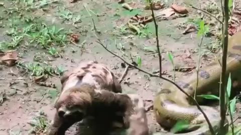 Sloth fearlessly crawls past an anaconda