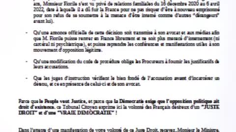 TRIBUNAL POPULAIRE DE FRANCE : RÉSOLUTION (LETTRE AU GOUVERNEMENT en description)