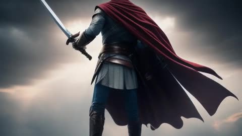 Hero raising a sword against a stormy sky.mp4