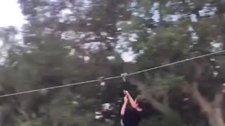 Guy homemade zipline too fast runs into ladder pole at end