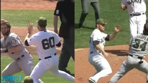 Bryce Harper and Hunter Strickland throw punches at each other,