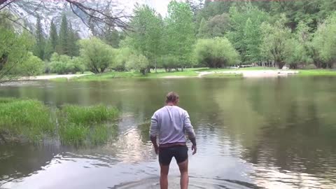 Crossing a lake in the Yosemite National Park