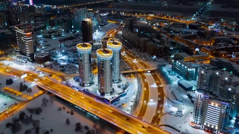Aerial night timelapse of Russian city