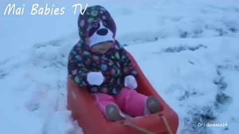 Dog and baby together in the snow and beautiful laughter
