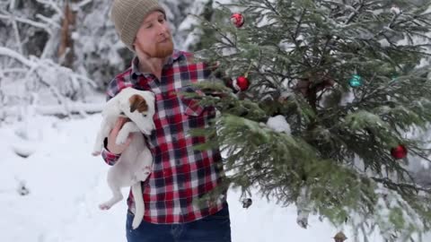 man holding a dog and a Christmas tree in the winter forest