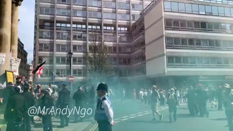 Aug 24 2019 London 1.2 police keep the two sides separate antifa shouts 'nazi scum' over and over