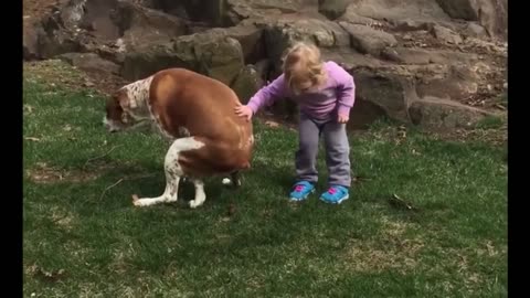 A little girl telling her dog good job for pooping