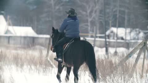 Equestrian woman in hat on horse riding in snowy field