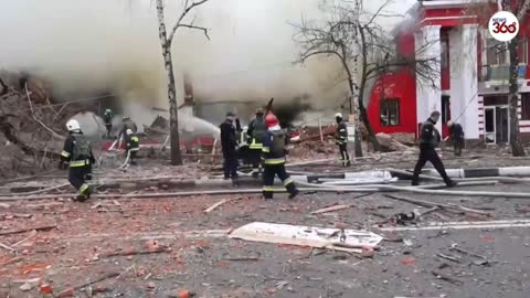 Firefighters battle to put out fires after bombing in Kharkiv, Ukraine