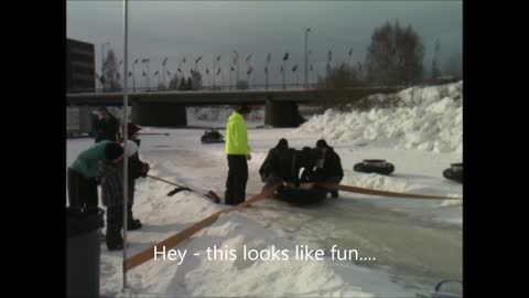Frozen Alaskan river turns into human bowling lane!