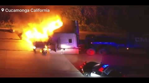 🚨#BREAKING: Police Pursuit Ends in Dramatic chase after Stolen Semi-Truck Sparks and Flames Fly