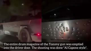 ELON MUSK EMPTIES A TOMMY GUN OF 50 BULLETS ON A BULLETPROOF CYBERTRUCK (TESLALEAKS.COM)