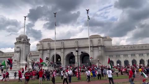 🚨 Protesters replace the American Flag with the Palestinian flag outside of Union
