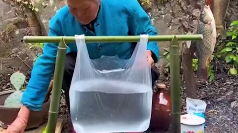 Woman cooks over the fire using plastic bag! 😲