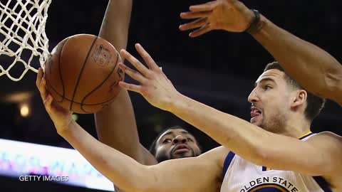 Steph Curry's Pregame Field Goal Kick BLOCKED by Klay Thompson, DRAINS Near Half Court Shot